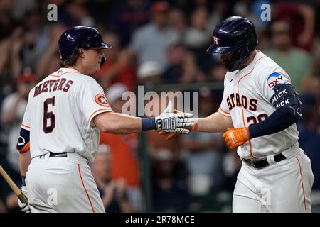 July 18 2023 Houston center fielder Jake Meyers (6) gets a hit during the  game with Houston Astros and Colorado Rockies held at Coors Field in Denver  Co. David Seelig/Cal Sport Medi(Credit