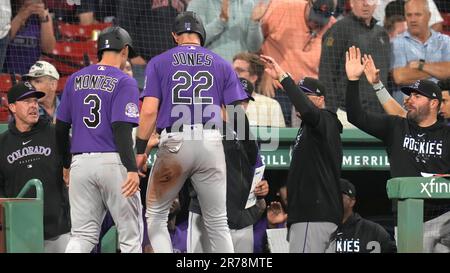 Colorado Rockies first baseman Mike Moustakas (11) in the first inning of a  baseball game Wednesday, April 12, 2023, in Denver. (AP Photo/David  Zalubowski Stock Photo - Alamy