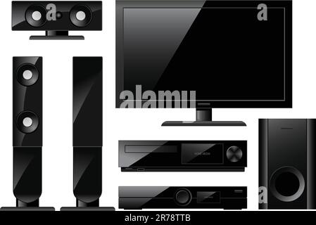 Home theater system with TV and loudspeakers Stock Vector