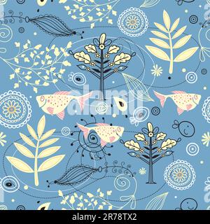 seamless floral pattern with gold fish on a blue background Stock Vector