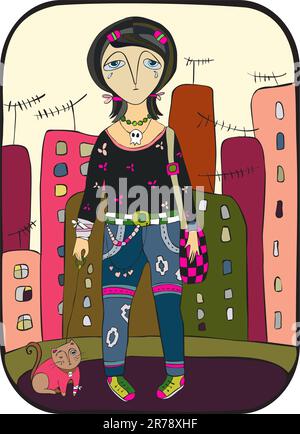 emo girl with on a wounded hand walks on a city with a cat Stock Vector