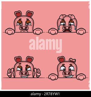 Set of expression pig face cartoon. Bored, crying, smug and happy face expression. With simple gradient. Vector and illustration. Stock Vector