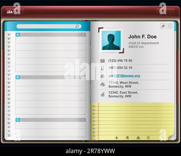 Detailed horizontal address book  template with related pictograms. Can be used as application or website background Stock Vector