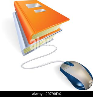 A mouse connected to a stack of books. Concept for online internet learning, education, information storage or e-books. Stock Vector