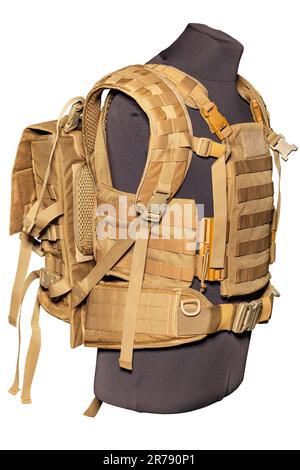 Ranger equipment, protective body armor with a durable fabric light backpack on a mannequin, isolated on a white background. Stock Photo