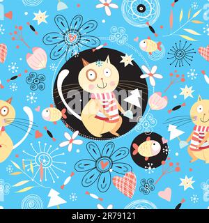 seamless pattern with red cats on a decorative blue background with snowflakes Stock Vector