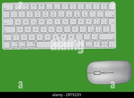 White keyboard and mouse isolated on green background. Top view. Stock Photo