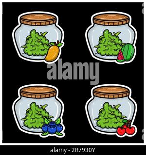 Mango, Watermelon, Blueberry and Cherry Fruit Flavor. Set of Weed bud on Jar With Simple Gradient. Vector and Illustration. Stock Vector