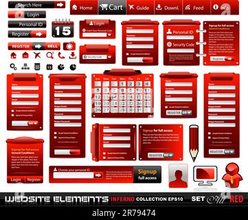 Web design elements extreme collection 2 BlackRed Inferno - Many different form styles, frames, bars, icons, banners, login forms, buttons and so on! Stock Vector