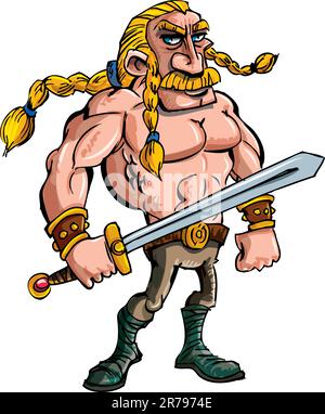 Cartoon Viking with a sword and braided blonde hair Stock Vector