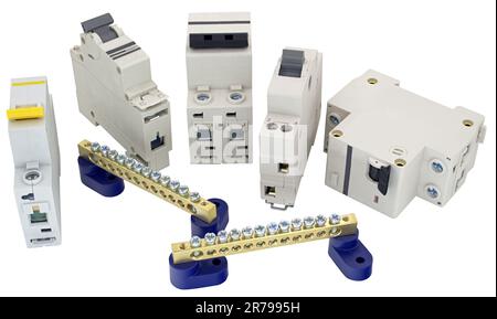 Electrical connector or terminal blocks clamps for electric cables and wires and automatic circuit breaker, isolated on a white background Stock Photo