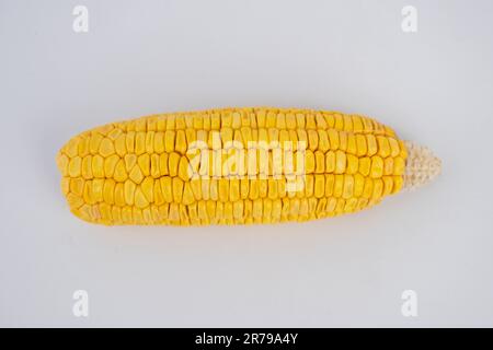 Peeled corn on a white background. Sweet corn vegetables, fresh peeled saw yellow corn kernels. Stock Photo