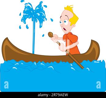 Cartoon of a man in a sinking canoe. He is panicking Stock Vector