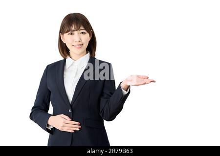 Asian business woman making an introduction on white background Stock Photo
