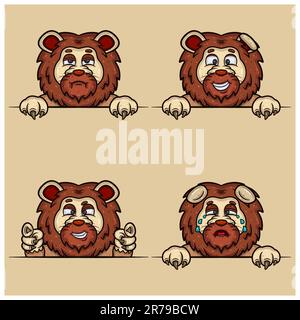 Set Of Expression Lion Face Cartoon. Bored, Crying, Smug and Happy Face Expression. With Simple Gradient. Vector and Illustration. Stock Vector