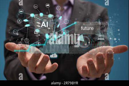 Businessman touching the brain working of Artificial Intelligence (AI) Automation, Predictive analytics, Customer service AI-powered chatbot, analyze Stock Photo
