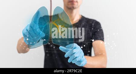 Creative image of medical worker with glowing interface of lungs and virus on blurry background. Medicine, healthcare and pandemic concept. Double Stock Photo
