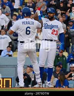 Los Angeles, United States. 13th June, 2023. Los Angeles Dodgers outfielder David Peralta celebrates with Jason Heyward after hitting a two-run home run off Chicago White Sox starting pitcher Lance Lynn during the first inning at Dodgers Stadium in Los Angeles on Wednesday, June 13, 2023. Photo by Jim Ruymen/UPI Credit: UPI/Alamy Live News Stock Photo