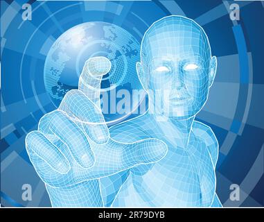 Corporate style background concept. Futuristic blue figure selecting a floating world globe. Stock Vector