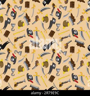 Seamless pattern with pirate cannon, flag and captain. Childish vector ...