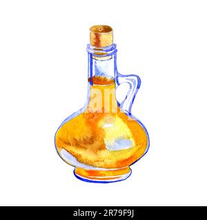 Oil in glass bottle illustration. Natural fresh organic yellow vegetable oil realistic watercolor image. Glass jar with pure olive product inside Stock Photo