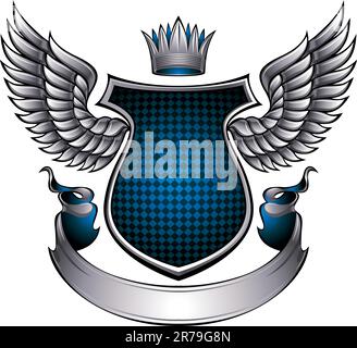 Classic style metallic emblem with wings, shield, ribbon and crown. With space for text and company name. Vector, eps8. Stock Vector