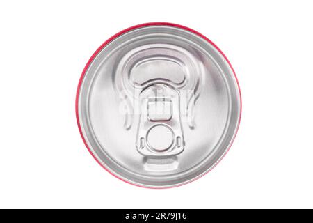 An aluminum can with a pull-tab, isolated on the white background a view from above Stock Photo