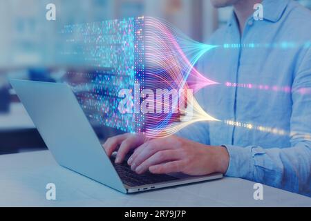 Data science and big data technology. Data scientist computing, analysing and visualizing complex data stream on computer. Data mining, artificial int Stock Photo