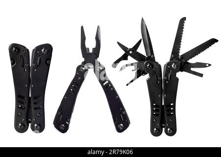 Black multipurpose folding knife isolated on white Stock Photo