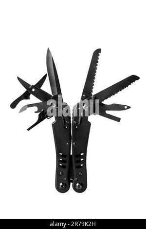 Multifunctional folding knife isolated on white. Close-up Stock Photo