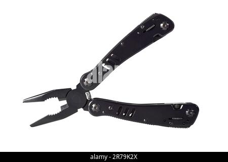 Steel multifunctional plier isolated on white. Close-up Stock Photo