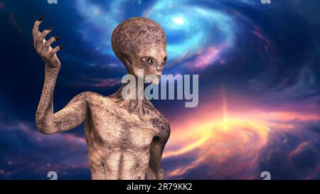 Humanoid alien looking aside from camera with photo realistic highly detailed skin texture on space background, 3D illustration Stock Photo