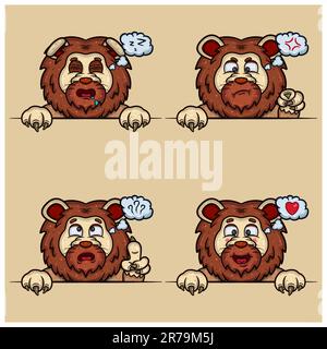 Set Of Expression Lion Face Cartoon. Sleep, Angry, Confused and Loving Face Expression. With Simple Gradient. Vector and Illustration. Stock Vector