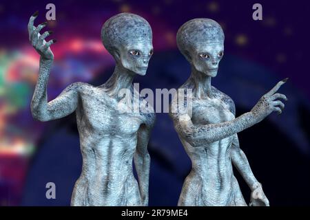 Two humanoid aliens talking between themselves with photo realistic highly detailed skin texture on a space background, 3D illustration Stock Photo