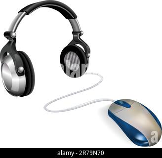 Computer mouse connected to big DJ headphones. Concept for online music. Stock Vector