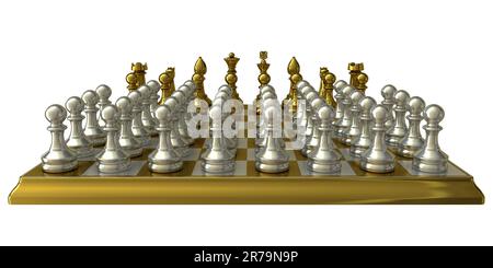 Horde variant of chess, 3D illustration. An asymmetric chess variant with one side having standard pieces, and the other side having 36 pawns. Horde c Stock Photo