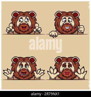 Set Of Expression Lion Face Cartoon. Crazy, Evil, Hungry and Taunt Face Expression. With Simple Gradient. Vector and Illustration. Stock Vector