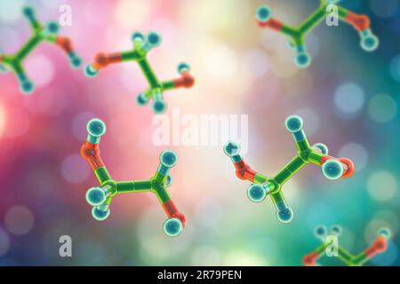 Ethylene glycol molecules, 3D illustration. An organic compound used in the manufacture of polyester fibers and for antifreeze formulations in the coo Stock Photo