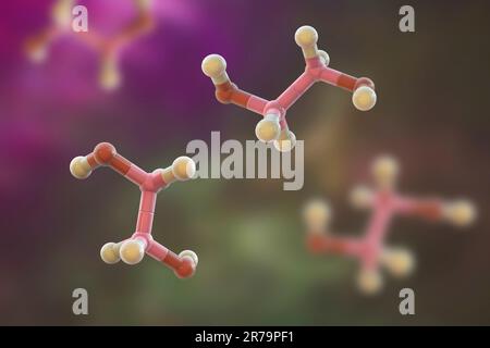 Ethylene glycol molecules, 3D illustration. An organic compound used in the manufacture of polyester fibers and for antifreeze formulations in the coo Stock Photo