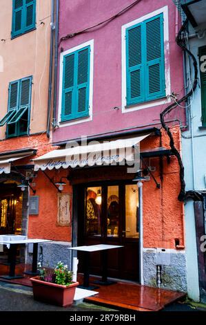 Colorful Borgo Antico restaurant in Monterossa al Mare in Cinque Terre on the Italian Riviera in Northern Italy. Stock Photo