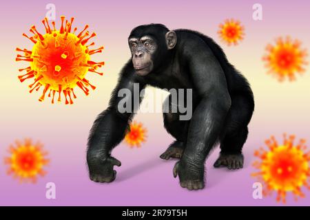 Chimpanzee monkey surrounded by viruses, conceptual 3D illustration. Monkeypox awareness. HIV, AIDS, herpes B viral disease and other infections trans Stock Photo