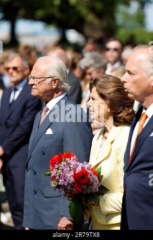Swedens King Carl XVI Gustaf and Queen Silvia at Almedalen in Visby, Sweden, on June 14, 2023, during the royal visit to Gotland County to mark HM the Stock Photo