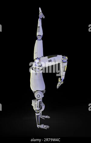 Robot with woman doing yoga exercises standing tree pose asana artificial  Illustration #150669376