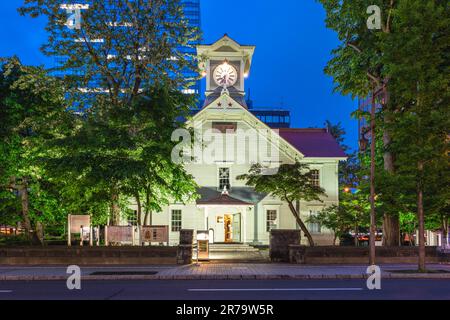 Sapporo clock tower, former  Agricultural College, in Sapporo, Hokkaido, Japan. Translation: Martial Arts Hall Stock Photo