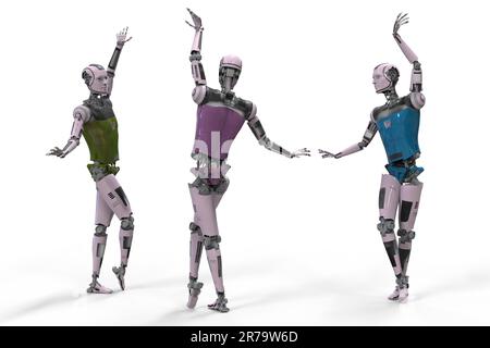 Robot ballet dancers, 3D illustration. Dancing humanoid robot. Android, humanoid, cyborg artificial intelligence concept. Futuristic art, technology a Stock Photo