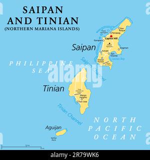 Saipan and Tinian, Northern Mariana Islands, political map. Islands of the Mariana Archipelago. Unincorporated territory and commonwealth of USA. Stock Photo