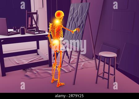 Professional musculoskeletal disorders in artists. Human skeleton is painting on canvas in studio and having back and neck pain, conceptual 3D illustr Stock Photo