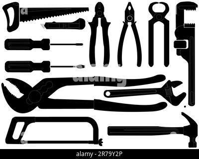 hand tools black silhouettes over white background, abstract vector art illustration Stock Vector