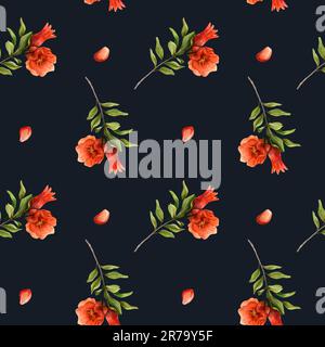 Dark blue and red pomegranates flowers and seeds watercolor seamless pattern with bright branches. Botanical background Stock Photo