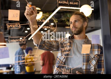 Caucasian casual businessman making notes on glass wall in office, brainstorming Stock Photo